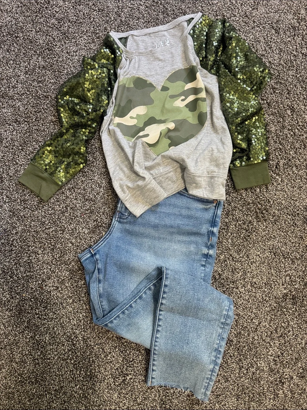 Justice Grey Pullover with Green Camo Heart and Olive Sequin Sleeves